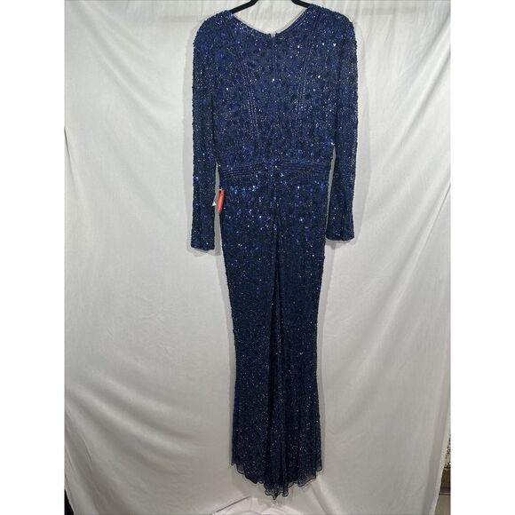 NWT Mac Duggal [ 12 ] Embellished Front Slit Long Sleeve Gown 5002 in Blue #J154 - Picture 15 of 16